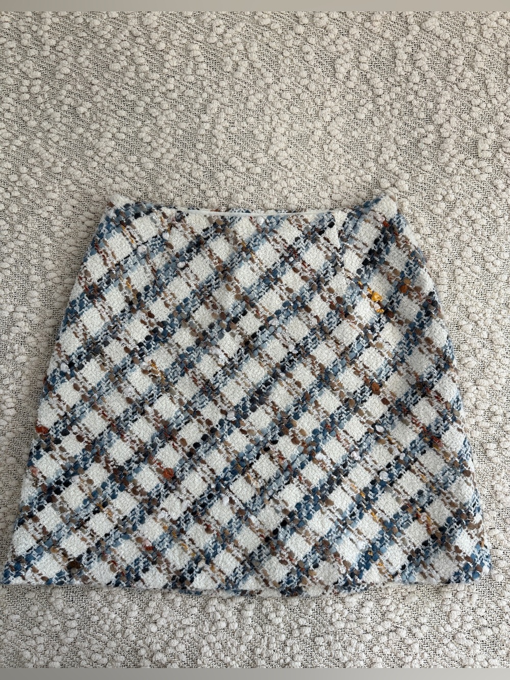 Talbots Petites 10P Tweed Plaid Skirt Italian Fabric Wool Blend Blue Brown Cream